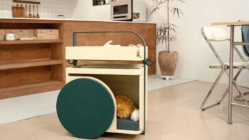 "Dolley: Mueble multifuncional para mascotas con ruedas y espacio de almacenamiento"
