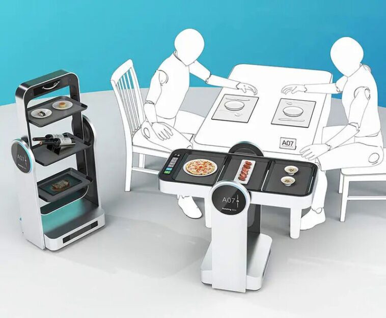 Robot de servicio de mesa rotatorio intuitivo para restaurantes.